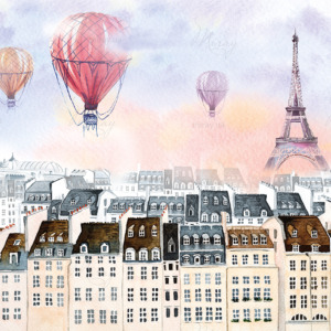 d-07-009-Повітряні кулі над Парижем, акварель d-07-009-Повітряні кулі над Парижем, акварель