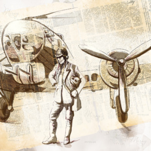 p-14-016-Пилот самолета – бомбардировщика, стоит перед его машиной p-14-016-Пилот самолета – бомбардировщика, стоит перед его машиной