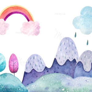 Landscape,Mountains,Water,Grass,Clouds,Goes,Rainbow,Trees,Watercolor,Illustration Landscape,Mountains,Water,Grass,Clouds,Goes,Rainbow,Trees,Watercolor,Illustration