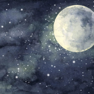 Watercolor,Painting,Of,Night,Sky,With,Full,Moon,And,Shining Watercolor,Painting,Of,Night,Sky,With,Full,Moon,And,Shining