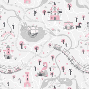 Seamless Pattern cards of the fairytale kingdom with a ship at sea, rivers, train and railroad, castles, towers, dragon cave, princess carriage. Illustration in a children’s cartoon Scandinavian style Seamless Pattern cards of the fairytale kingdom with a ship at sea, rivers, train and railroad, castles, towers, dragon cave, princess carriage. Illustration in a children’s cartoon Scandinavian style