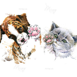 Cute,Kitten.,Funny,Dog.,Watercolor,Cat,And,Puppy,Illustration. Cute,Kitten.,Funny,Dog.,Watercolor,Cat,And,Puppy,Illustration.