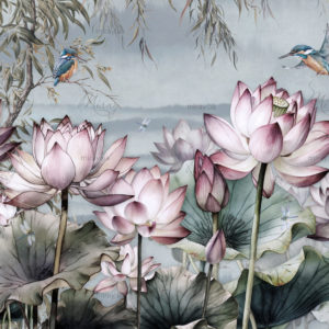 Wallpaper,Pattern,Landscape,Of,Lotus,Flower,With,Kingfisher,With,Blue Wallpaper,Pattern,Landscape,Of,Lotus,Flower,With,Kingfisher,With,Blue