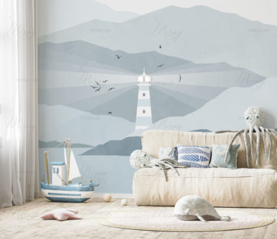 Children’s room with bed and soft toys, white wall mock up in ki Children’s room with bed and soft toys, white wall mock up in ki