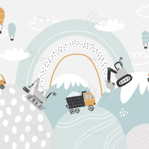 Vector children hand drawn cute construction cars, mountain landscape, balloons and clouds. Boho trendy design. Scandinavian. Illustration. Kids wallpaper design. Baby room design, wall decor, mural. Vector children hand drawn cute construction cars, mountain landscape, balloons and clouds. Boho trendy design. Scandinavian. Illustration. Kids wallpaper design. Baby room design, wall decor, mural.