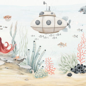 Watercolor seabed landscape with cartoon sea characters, submari Watercolor seabed landscape with cartoon sea characters, submari