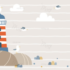 Summer background design with cartoon lighthouse and seagulls on Summer background design with cartoon lighthouse and seagulls on