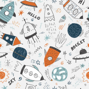 Seamless childish cosmic pattern with cute rockets, lettering and stars in space. Repeating texture doodle style universe. Colored flat vector illustration of cosmos background Seamless childish cosmic pattern with cute rockets, lettering and stars in space. Repeating texture doodle style universe. Colored flat vector illustration of cosmos background